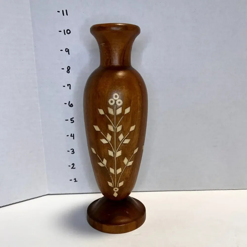 Vintage tall Wood Vase with White Bone inlaid design, hand crafted